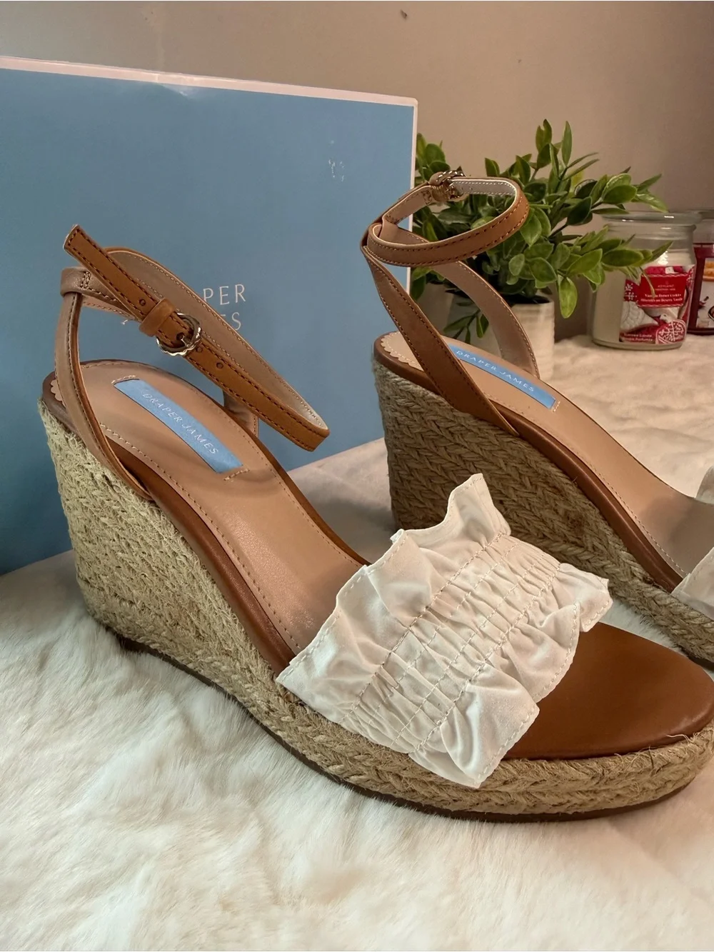 NWT - Draper James White Ruffle Espadrille Wedges with Tan Straps - Sizes 8, 7.5